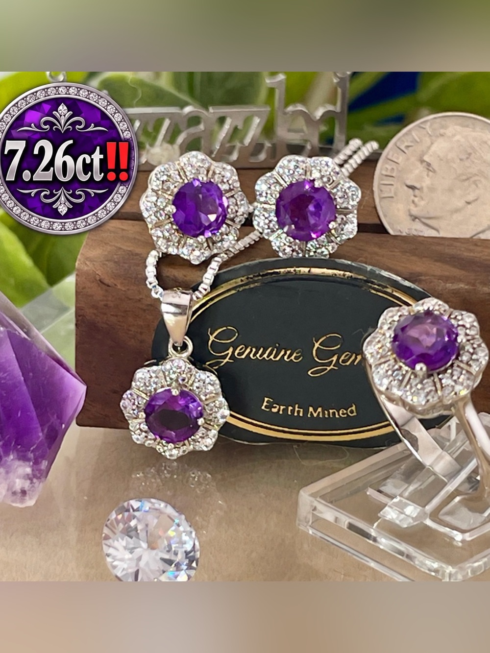 Amethyst set‼️white Topaz accents Ring pendant Earrings 7.26ct